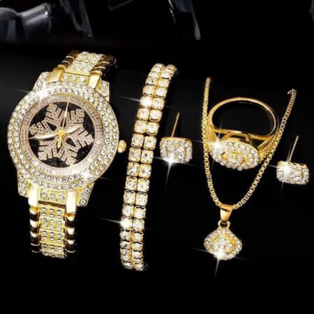 Snowflake Pattern Watch Luxury Full Rhinestone Jewelry Five-piece Set